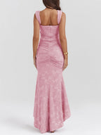 Women’s Floral Bellflower Maxi Dress – Structured Bust Ruched Waist Elegant Romantic Gown