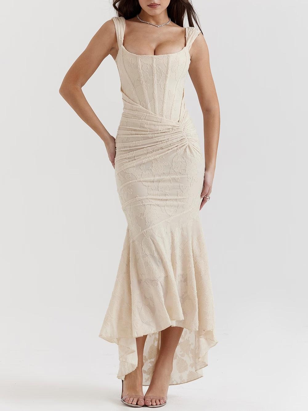 Women’s Floral Bellflower Maxi Dress – Structured Bust Ruched Waist Elegant Romantic Gown