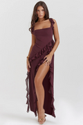 Women’s Slit Floral Dress – High Waist Sleeveless Thin Strap Elegant Summer Maxi Dress for Evening & Special Events