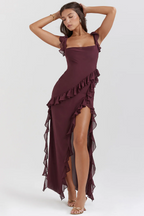 Women’s Slit Floral Dress – High Waist Sleeveless Thin Strap Elegant Summer Maxi Dress for Evening & Special Events