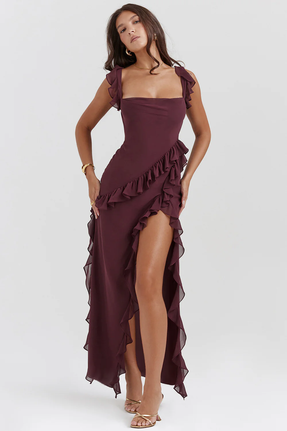 Women’s Slit Floral Dress – High Waist Sleeveless Thin Strap Elegant Summer Maxi Dress for Evening & Special Events