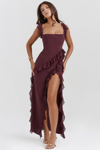 Women’s Slit Floral Dress – High Waist Sleeveless Thin Strap Elegant Summer Maxi Dress for Evening & Special Events