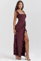 Women’s Slit Maxi Dress – Floral Ruffle Fitted Summer Evening Dress