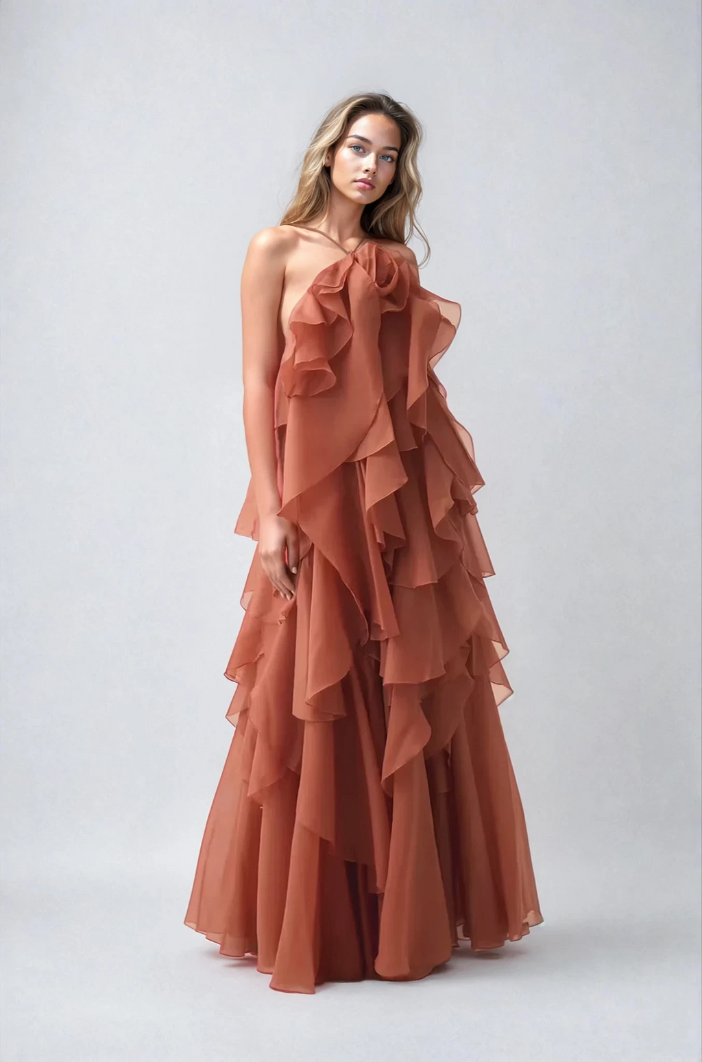 Women’s Halter Ruffle Maxi Dress – Flowing Elegant Statement Occasion Gown