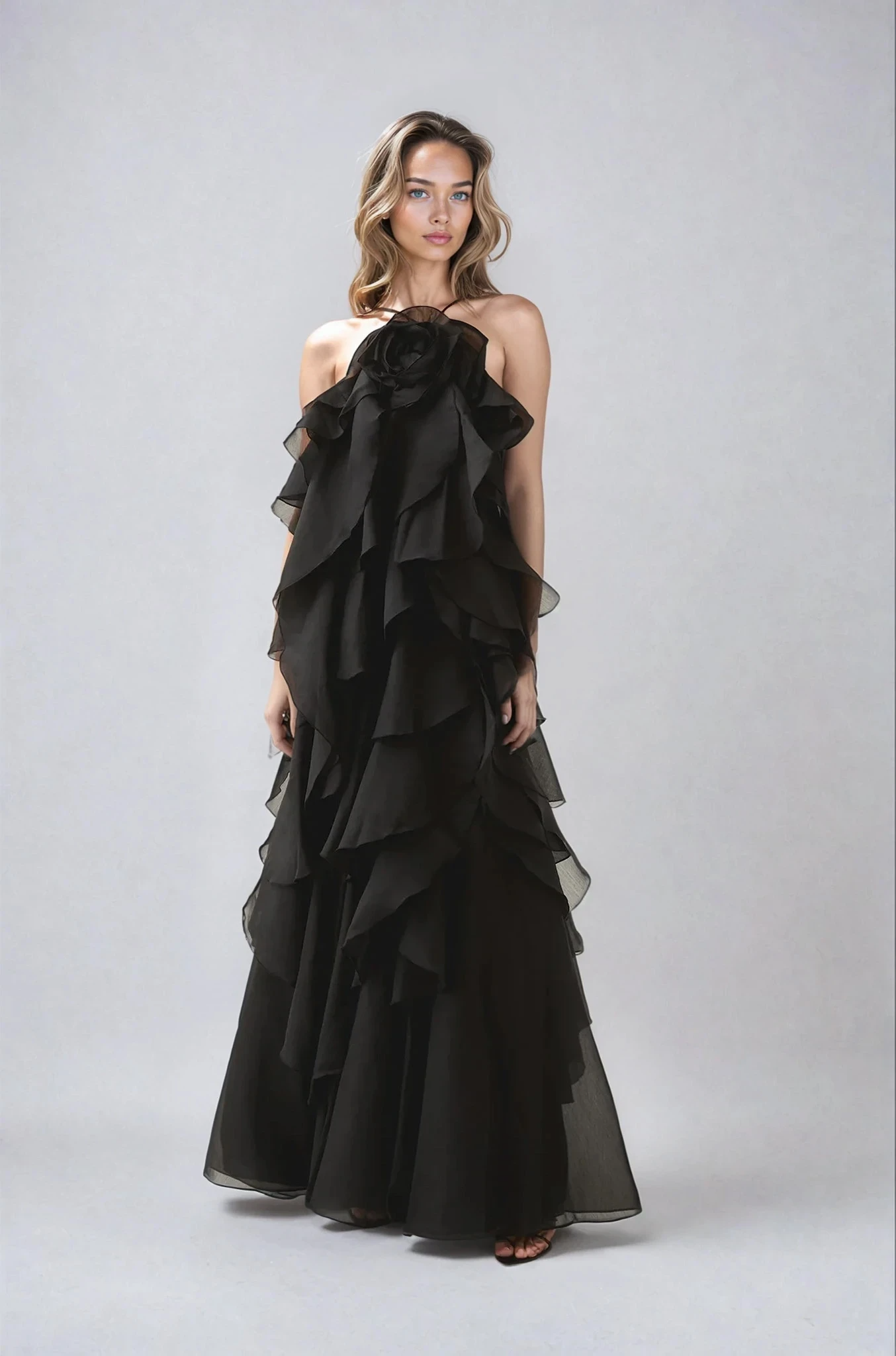 Women’s Halter Ruffle Maxi Dress – Flowing Elegant Statement Occasion Gown