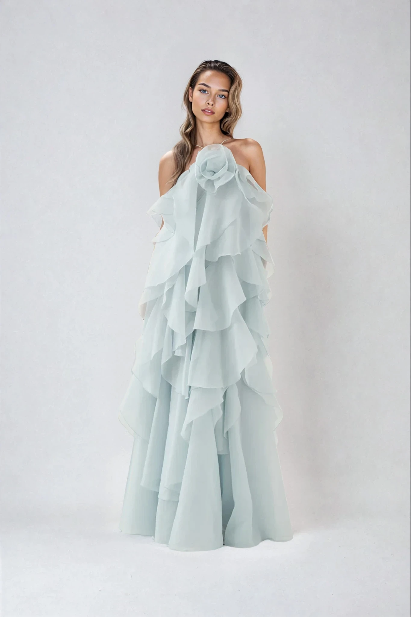 Women’s Halter Ruffle Maxi Dress – Flowing Elegant Statement Occasion Gown