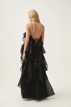 Women’s Halter Ruffle Maxi Dress – Flowing Elegant Statement Occasion Gown