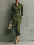 Women’s Military Green Cotton Blend Maxi Dress – Fitted Shirt Collar Draped Skirt Elegant Long Sleeve Dress