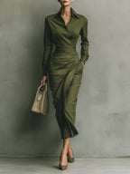 Women’s Military Green Cotton Blend Maxi Dress – Fitted Shirt Collar Draped Skirt Elegant Long Sleeve Dress