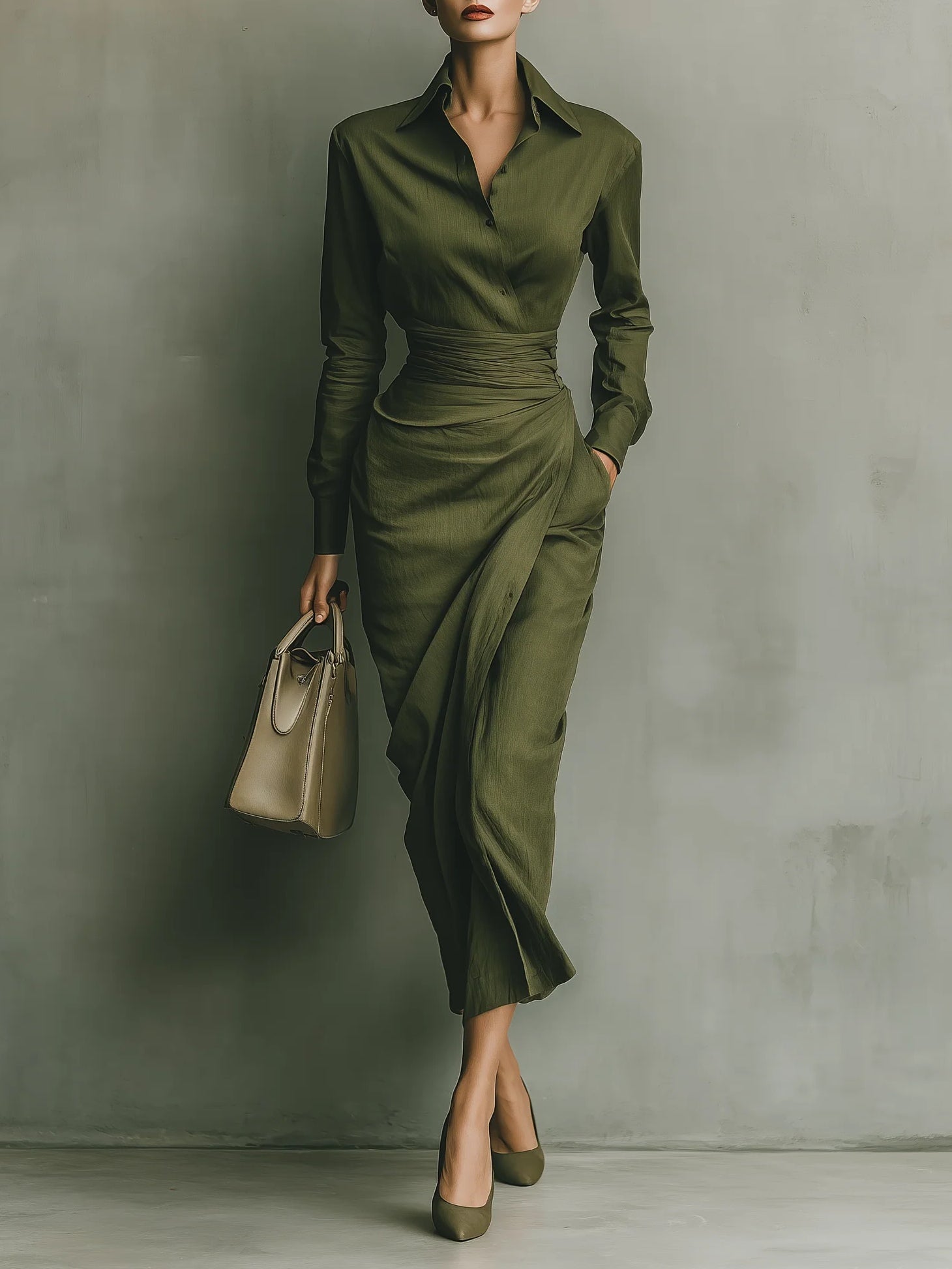Women’s Military Green Cotton Blend Maxi Dress – Fitted Shirt Collar Draped Skirt Elegant Long Sleeve Dress