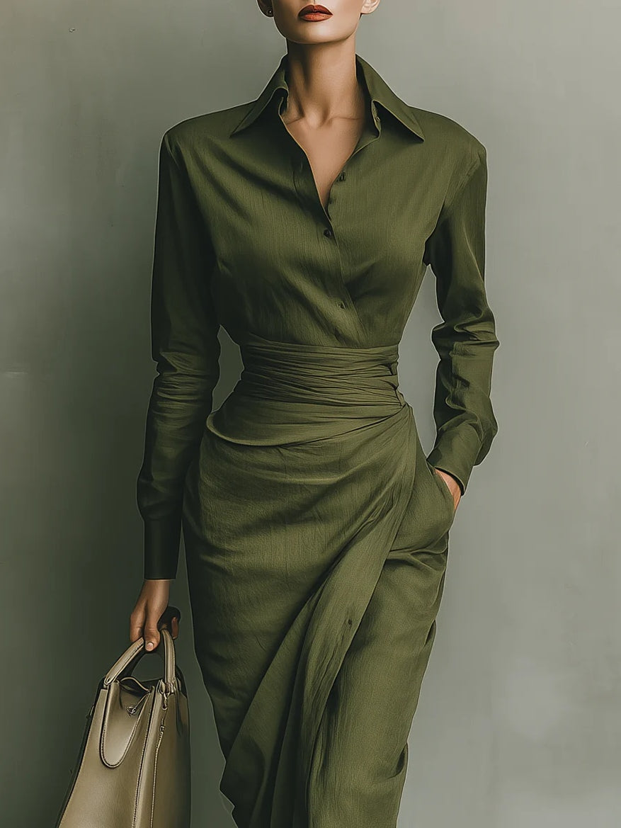 Women’s Military Green Cotton Blend Maxi Dress – Fitted Shirt Collar Draped Skirt Elegant Long Sleeve Dress