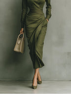 Women’s Military Green Cotton Blend Maxi Dress – Fitted Shirt Collar Draped Skirt Elegant Long Sleeve Dress