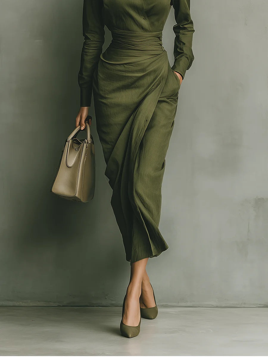Women’s Military Green Cotton Blend Maxi Dress – Fitted Shirt Collar Draped Skirt Elegant Long Sleeve Dress