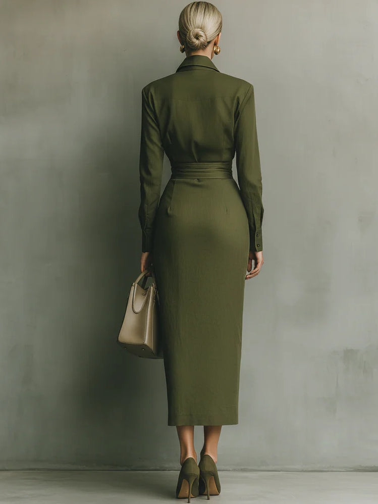 Women’s Military Green Cotton Blend Maxi Dress – Fitted Shirt Collar Draped Skirt Elegant Long Sleeve Dress