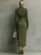 Women’s Military Green Cotton Blend Maxi Dress – Fitted Shirt Collar Draped Skirt Elegant Long Sleeve Dress