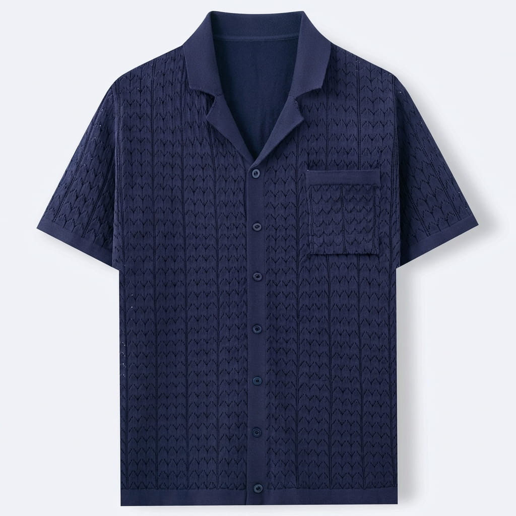 Men’s Textured Jacquard Button-Down Shirt – Vintage Geometric Knit with Chest Pocket