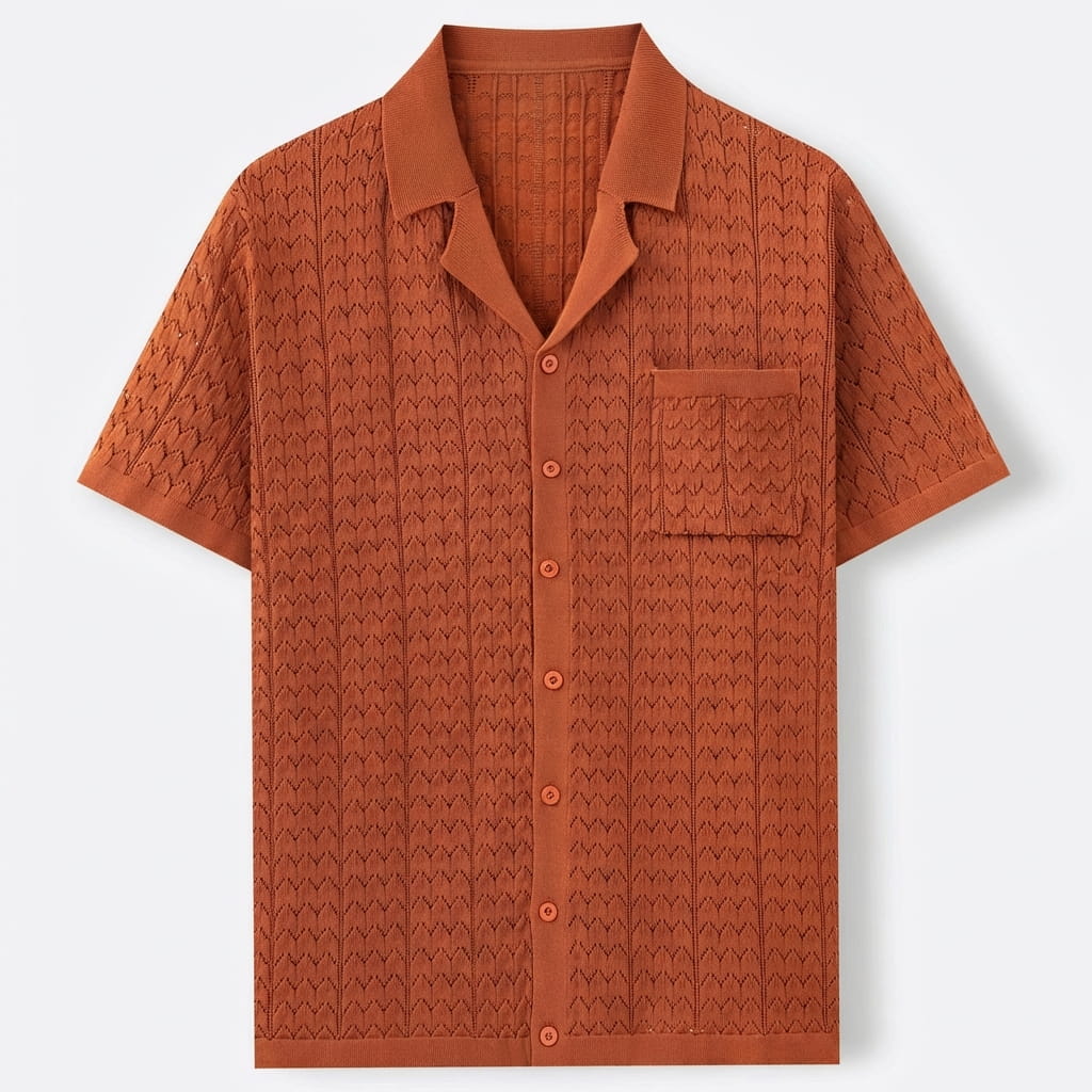 Men’s Textured Jacquard Button-Down Shirt – Vintage Geometric Knit with Chest Pocket