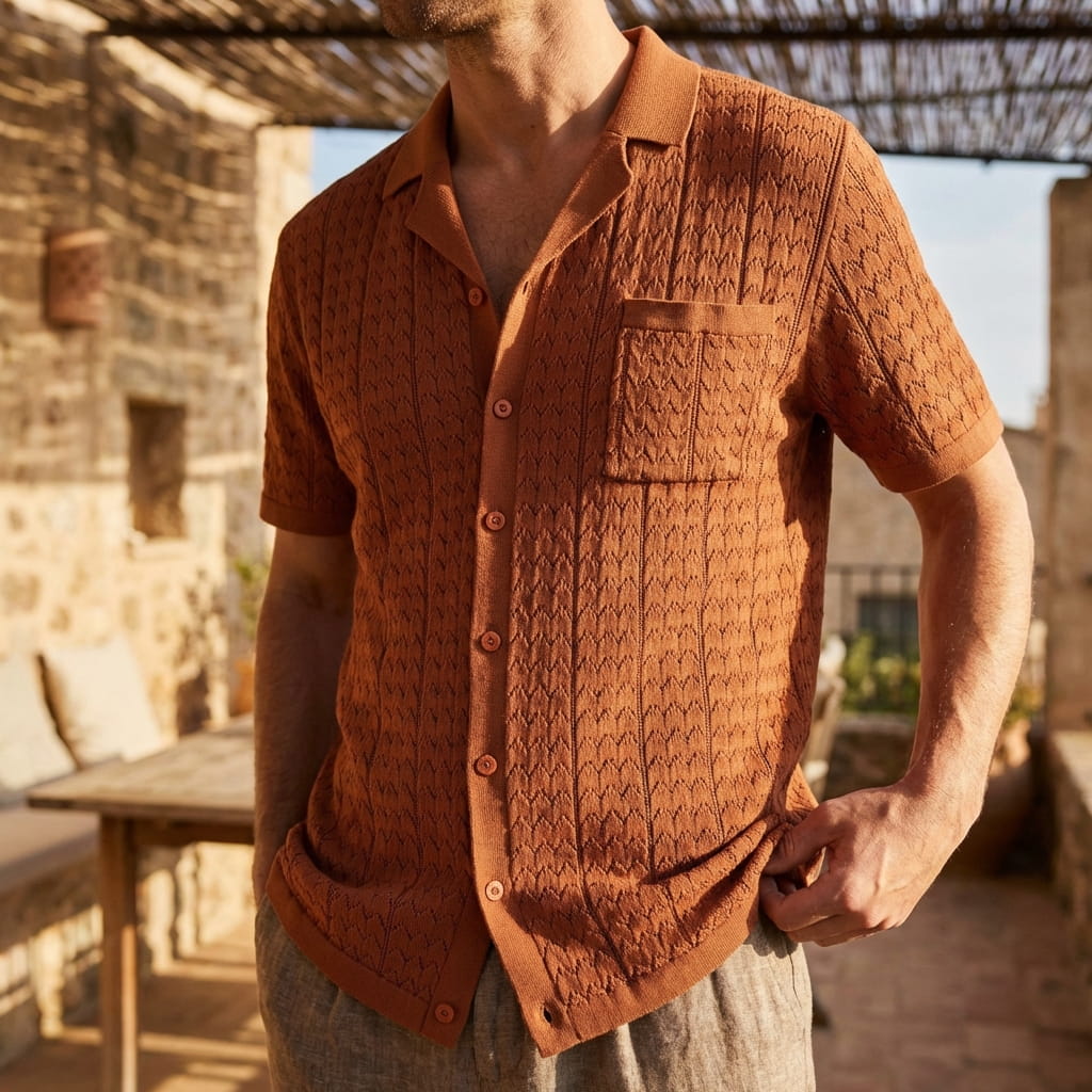 Men’s Textured Jacquard Button-Down Shirt – Vintage Geometric Knit with Chest Pocket
