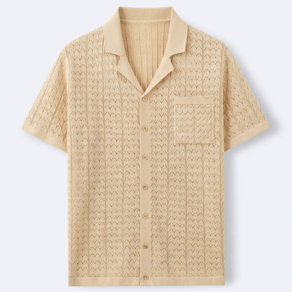 Men’s Textured Jacquard Button-Down Shirt – Vintage Geometric Knit with Chest Pocket