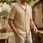 Men’s Textured Jacquard Button-Down Shirt – Vintage Geometric Knit with Chest Pocket