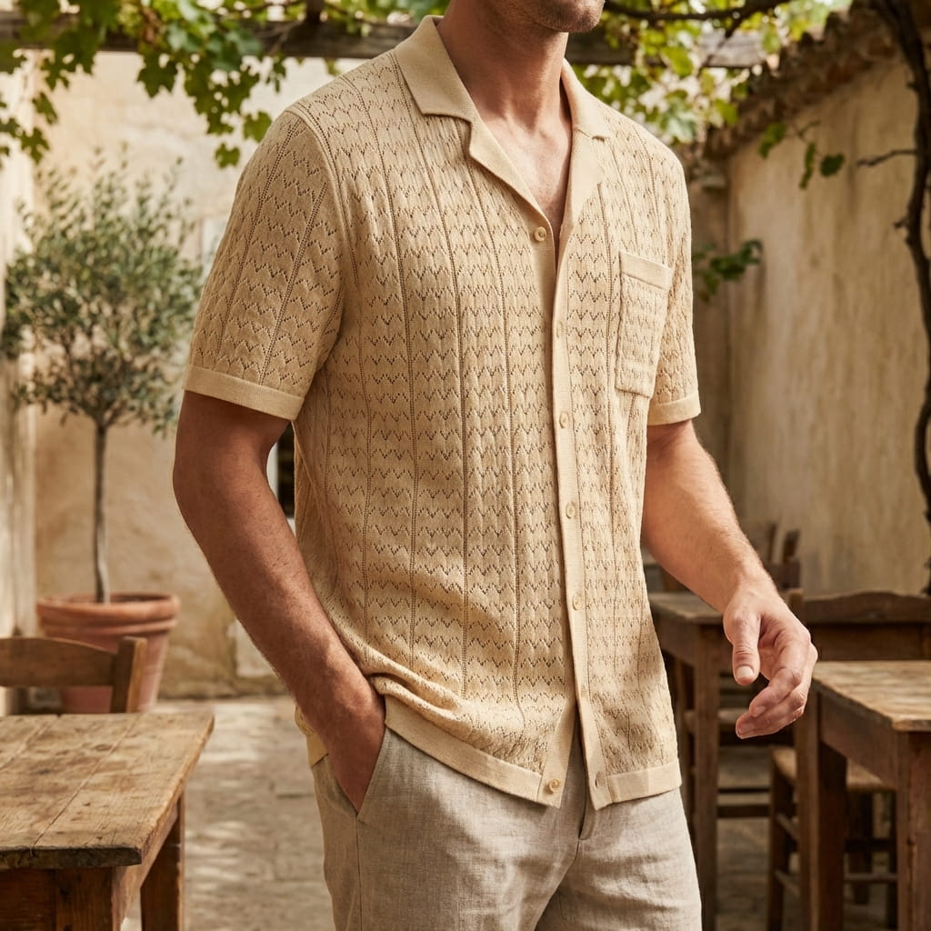 Men’s Textured Jacquard Button-Down Shirt – Vintage Geometric Knit with Chest Pocket