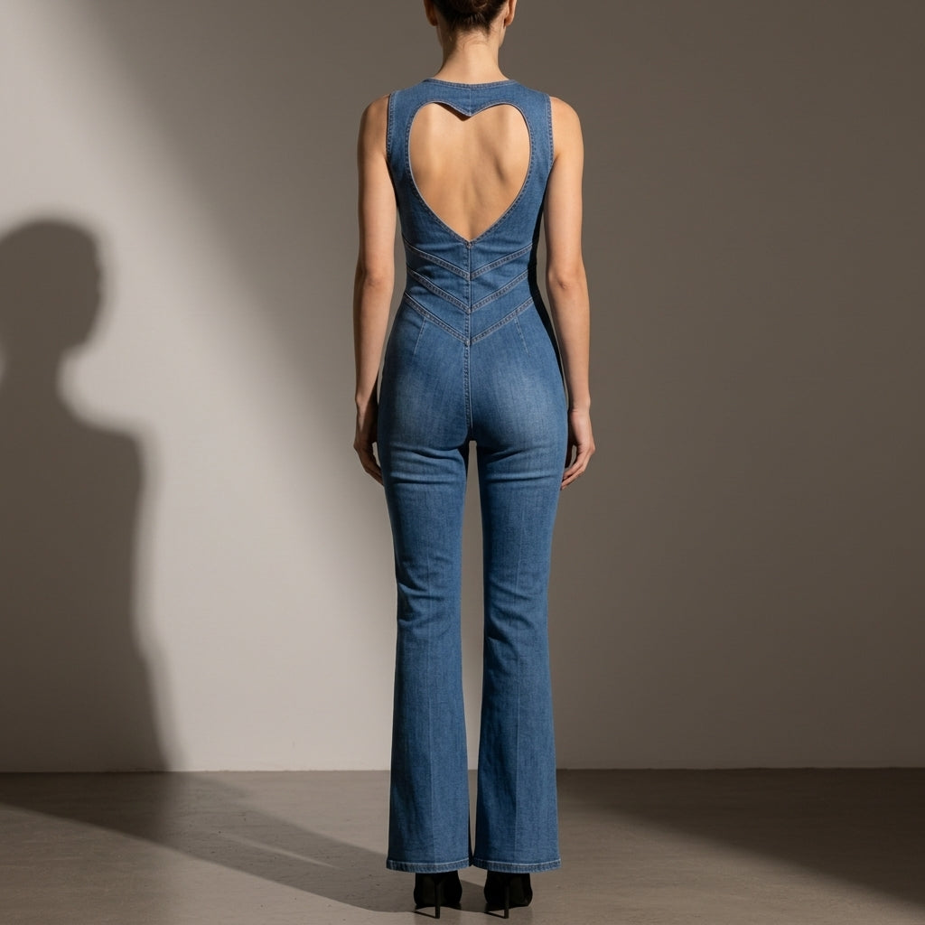 Women’s Backless Bodycon Jumpsuit – Heart Cutout Slim Fit Cotton Blend One-Piece Outfit