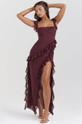 Women’s Ruffle Trim Chiffon Maxi Dress – Elegant Square Neck High Slit Formal Evening Dress