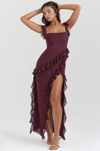 Women’s Ruffle Trim Chiffon Maxi Dress – Elegant Square Neck High Slit Formal Evening Dress