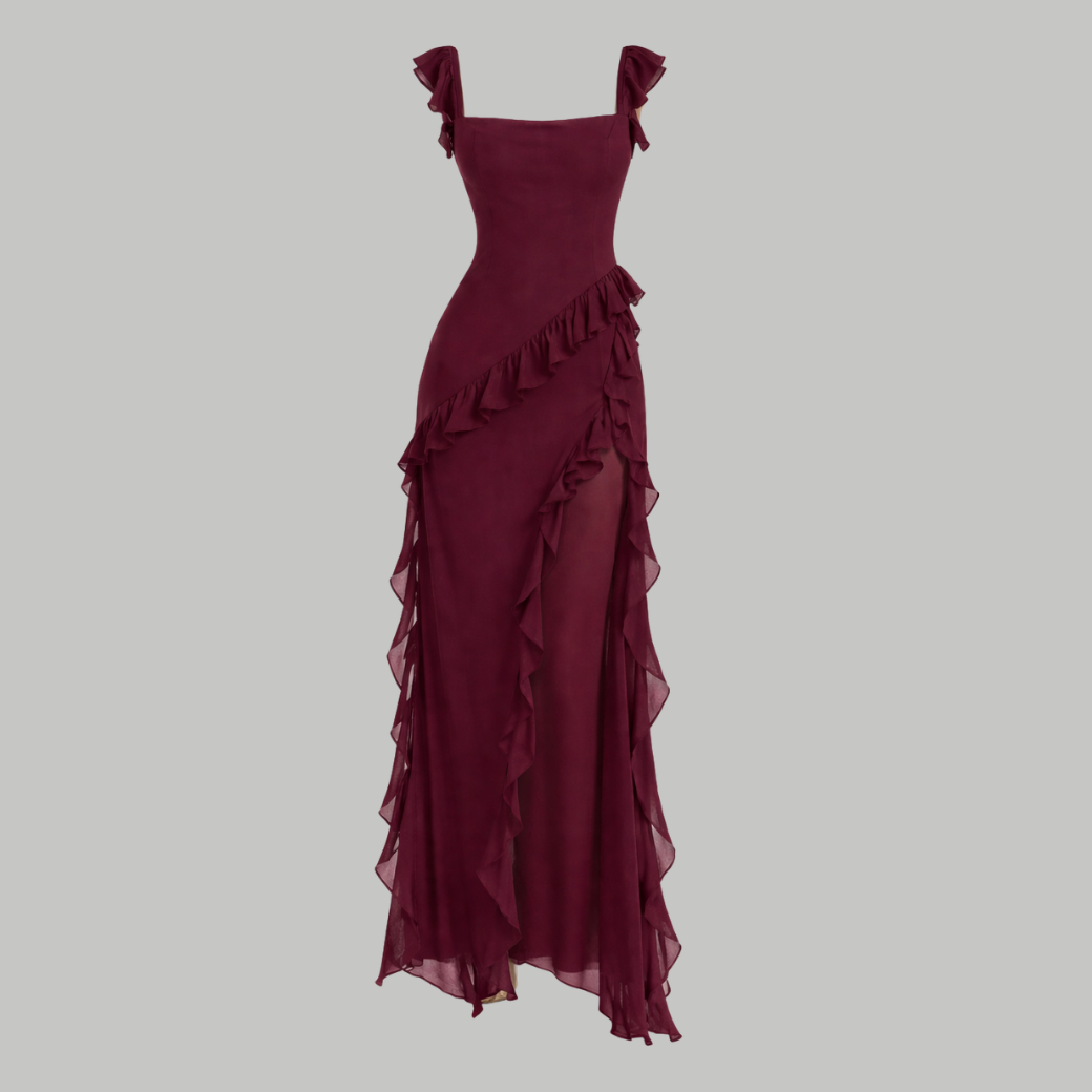 Women’s Ruffle Trim Chiffon Maxi Dress – Elegant Square Neck High Slit Formal Evening Dress