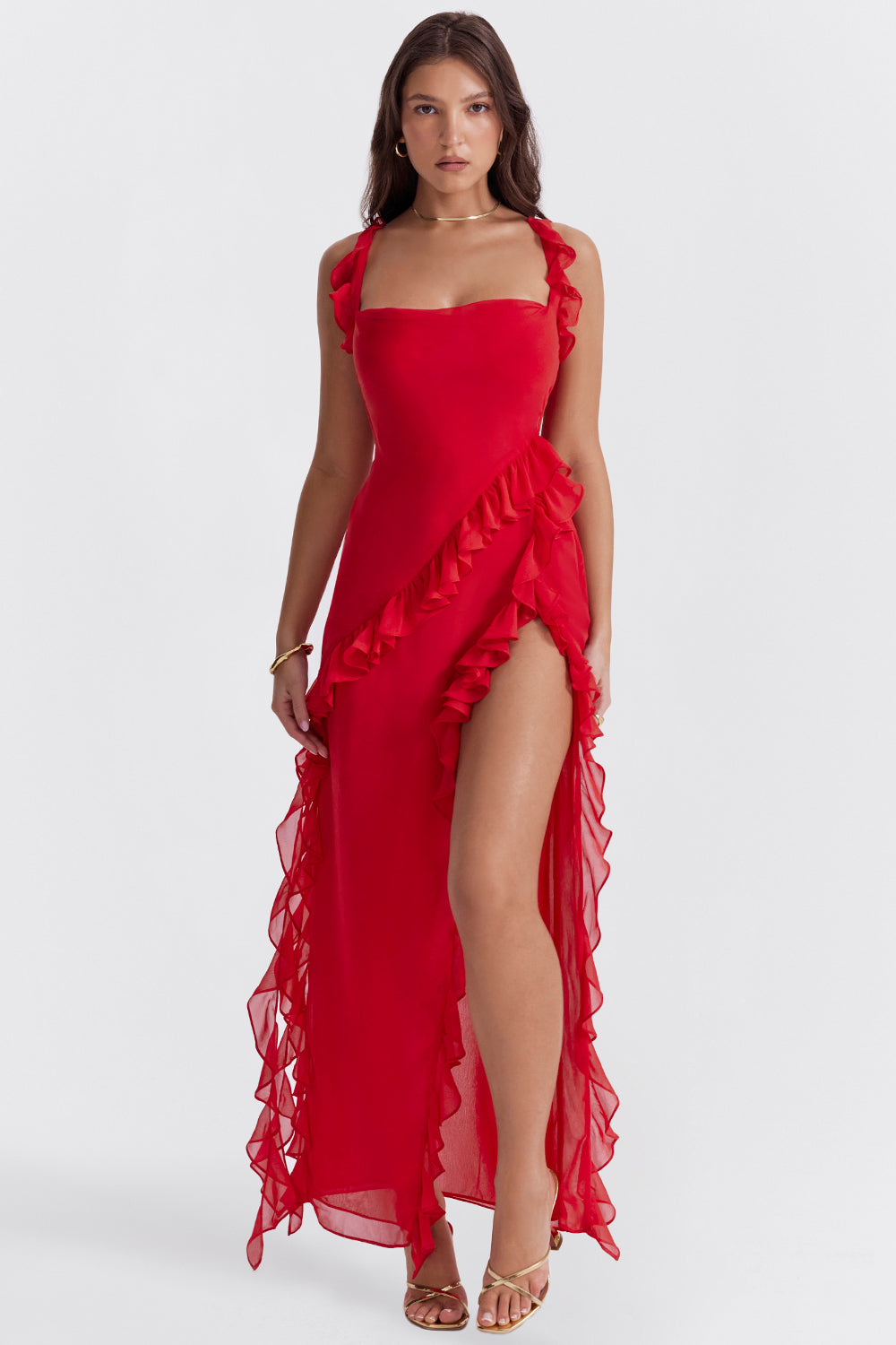 Women’s Ruffle Trim Chiffon Maxi Dress – Elegant Square Neck High Slit Formal Evening Dress