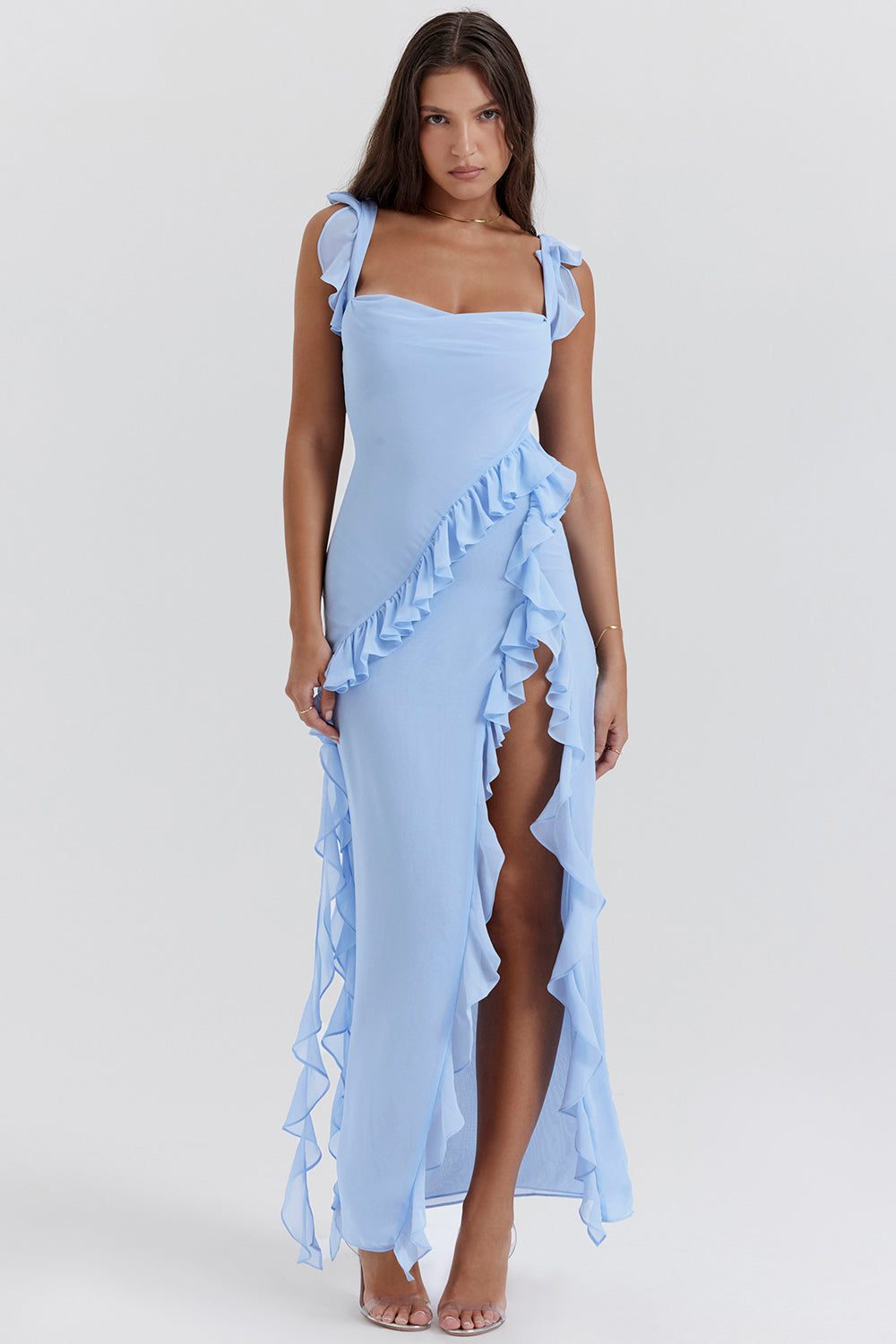 Women’s Ruffle Trim Chiffon Maxi Dress – Elegant Square Neck High Slit Formal Evening Dress