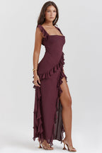 Women’s Ruffle Trim Chiffon Maxi Dress – Elegant Square Neck High Slit Formal Evening Dress