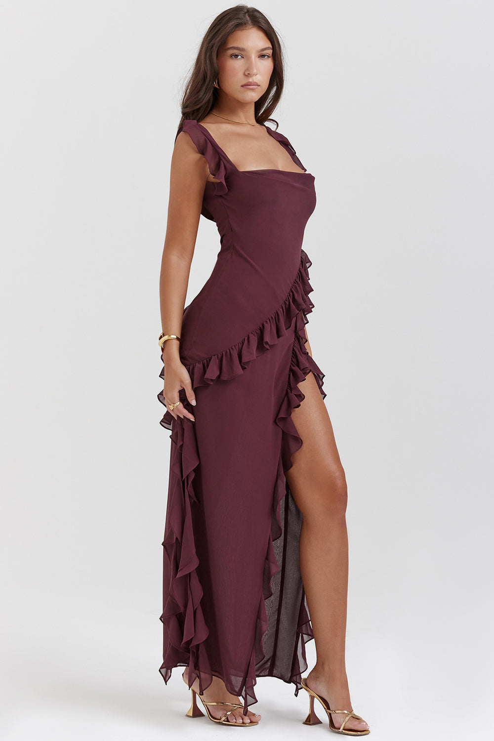 Women’s Ruffle Trim Chiffon Maxi Dress – Elegant Square Neck High Slit Formal Evening Dress