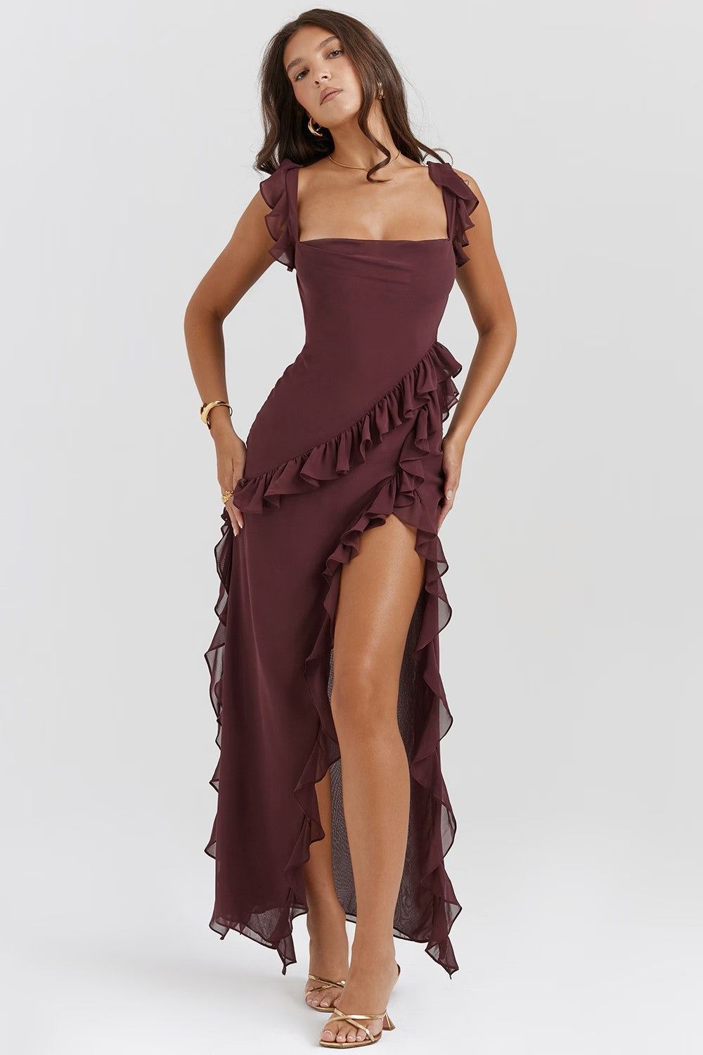 Women’s Ruffle Trim Chiffon Maxi Dress – Elegant Square Neck High Slit Formal Evening Dress