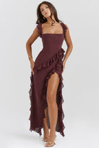 Women’s Ruffle Trim Chiffon Maxi Dress – Elegant Square Neck High Slit Formal Evening Dress