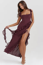 Women’s Ruffle Trim Chiffon Maxi Dress – Elegant Square Neck High Slit Formal Evening Dress