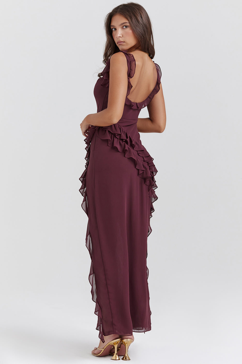 Women’s Ruffle Trim Chiffon Maxi Dress – Elegant Square Neck High Slit Formal Evening Dress