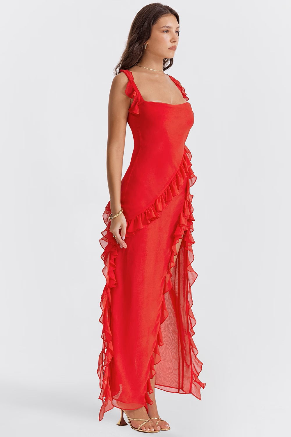 Women’s Ruffle Trim Chiffon Maxi Dress – Elegant Square Neck High Slit Formal Evening Dress