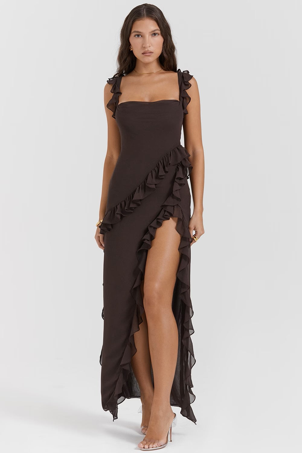 Women’s Ruffle Trim Chiffon Maxi Dress – Elegant Square Neck High Slit Formal Evening Dress