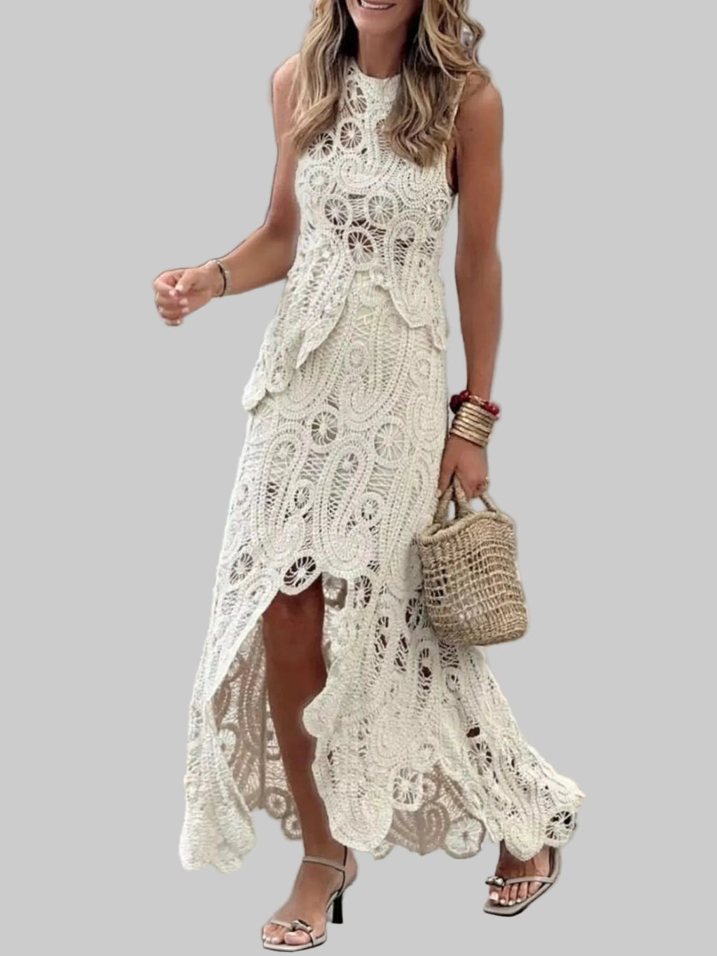 Women’s Crochet Two-Piece Set – Sleeveless Tank & Asymmetrical Maxi Skirt Summer Outfit