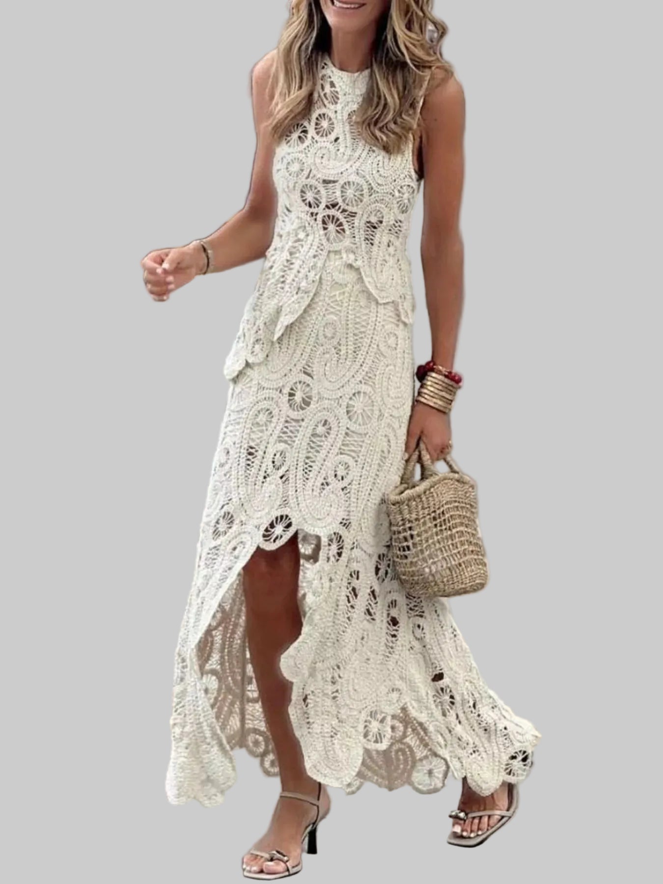 Women’s Crochet Two-Piece Set – Sleeveless Tank & Asymmetrical Maxi Skirt Summer Outfit