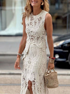 Women’s Crochet Two-Piece Set – Sleeveless Tank & Asymmetrical Maxi Skirt Summer Outfit