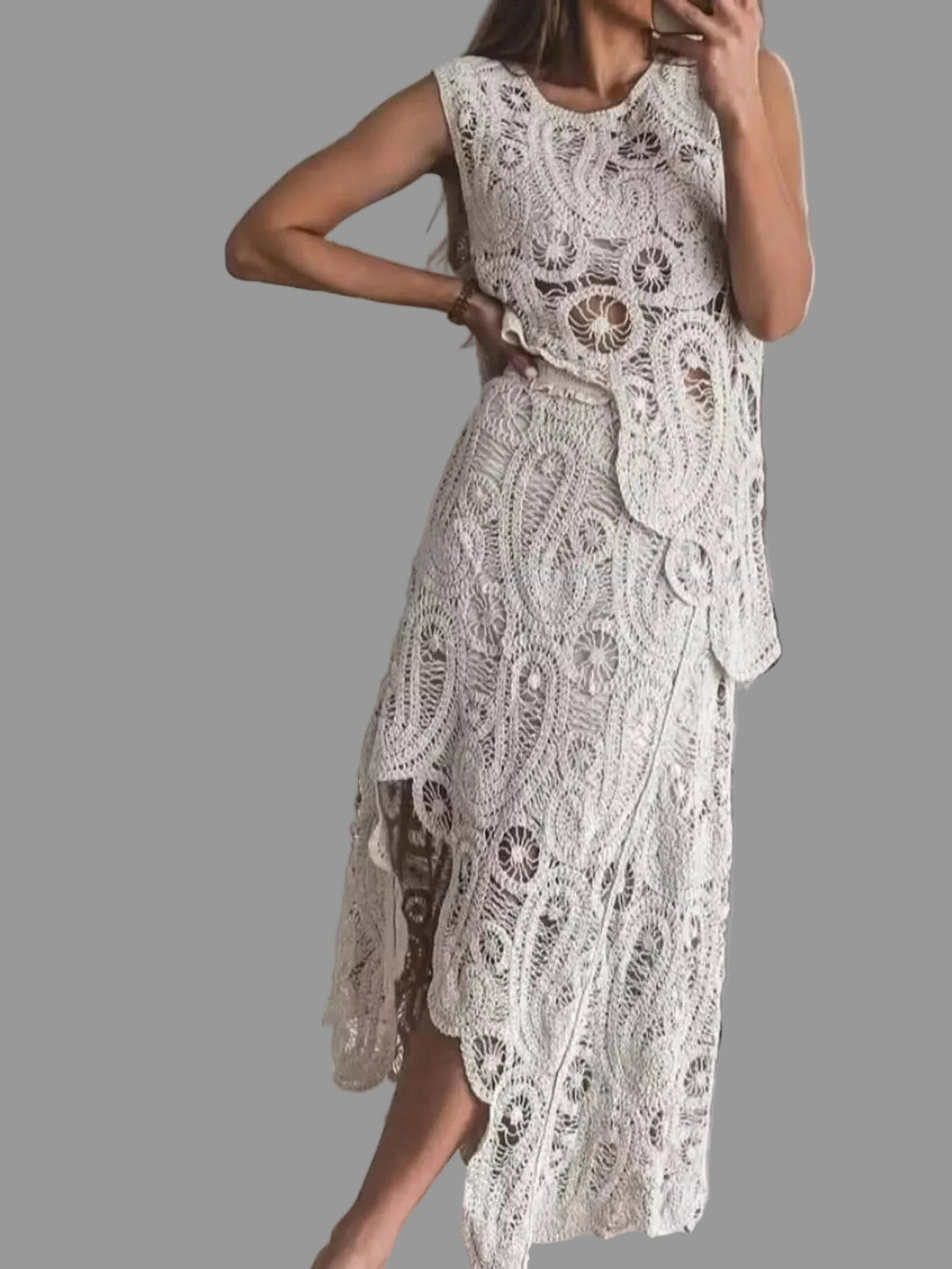 Women’s Crochet Two-Piece Set – Sleeveless Tank & Asymmetrical Maxi Skirt Summer Outfit