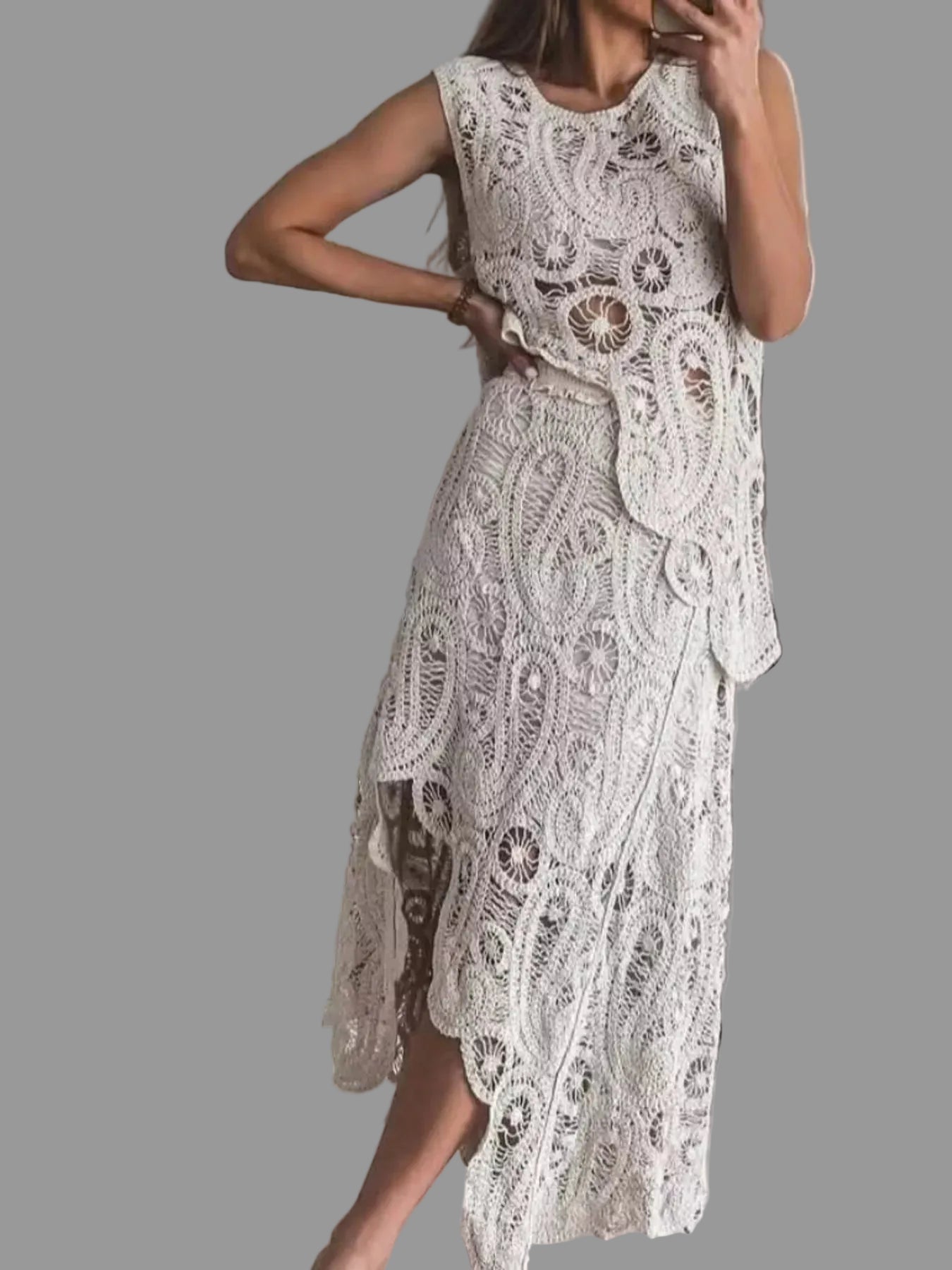 Women’s Crochet Two-Piece Set – Sleeveless Tank & Asymmetrical Maxi Skirt Summer Outfit