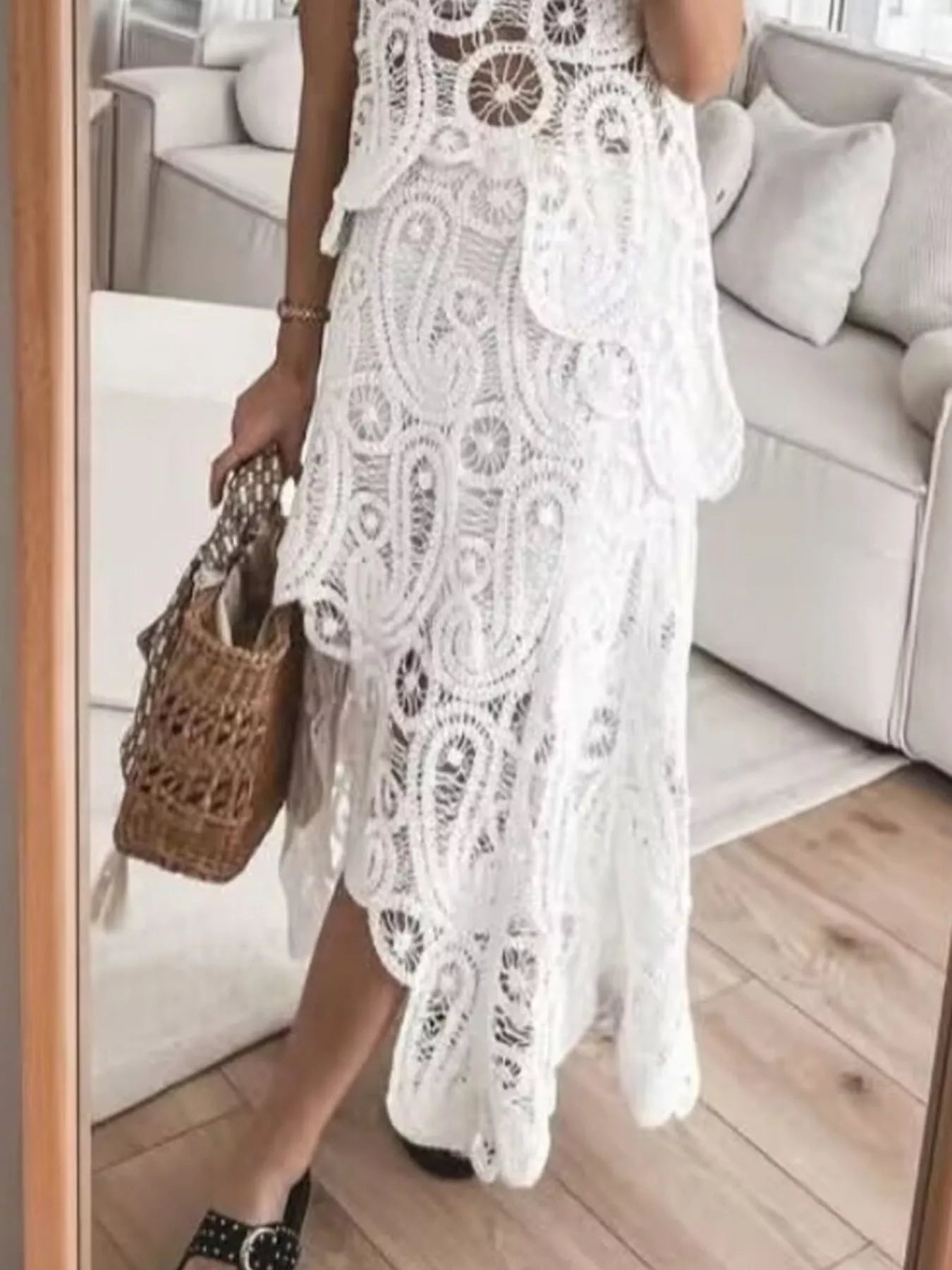 Women’s Crochet Two-Piece Set – Sleeveless Tank & Asymmetrical Maxi Skirt Summer Outfit