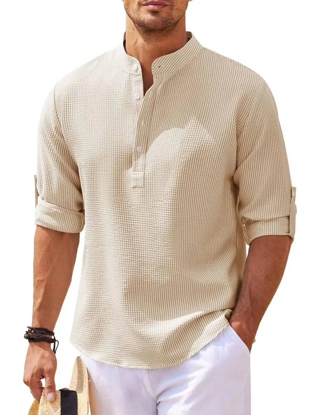 Men’s Waffle Knit Henley Shirt – Long Sleeve Cotton Linen Blend Casual Button Shirt