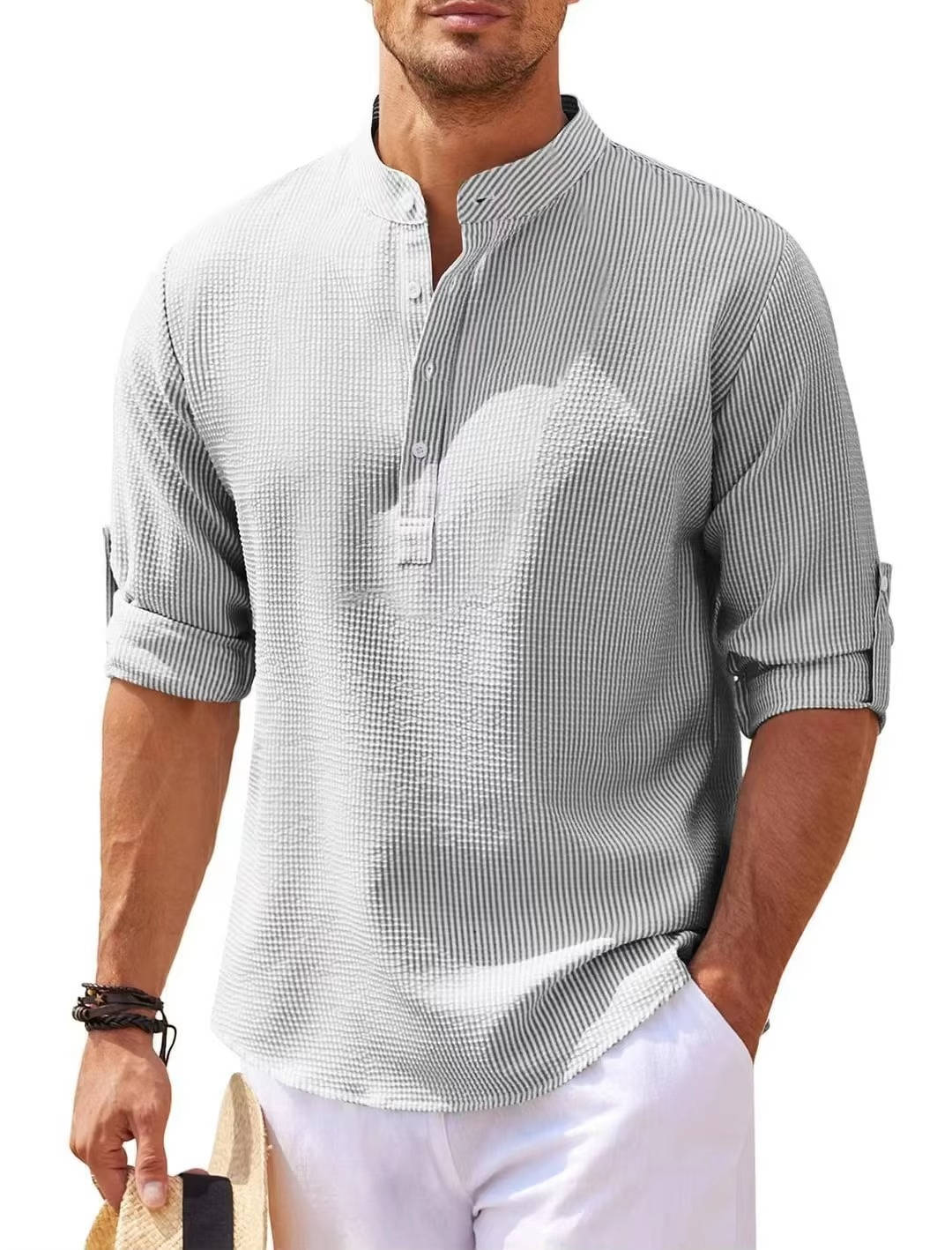 Men’s Waffle Knit Henley Shirt – Long Sleeve Cotton Linen Blend Casual Button Shirt