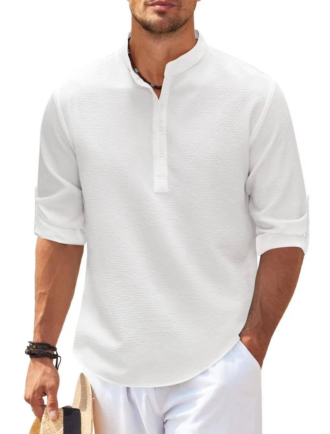 Men’s Waffle Knit Henley Shirt – Long Sleeve Cotton Linen Blend Casual Button Shirt