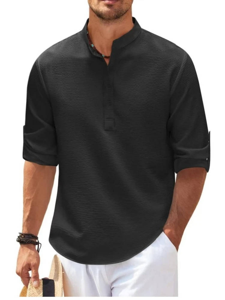 Men’s Waffle Knit Henley Shirt – Long Sleeve Cotton Linen Blend Casual Button Shirt
