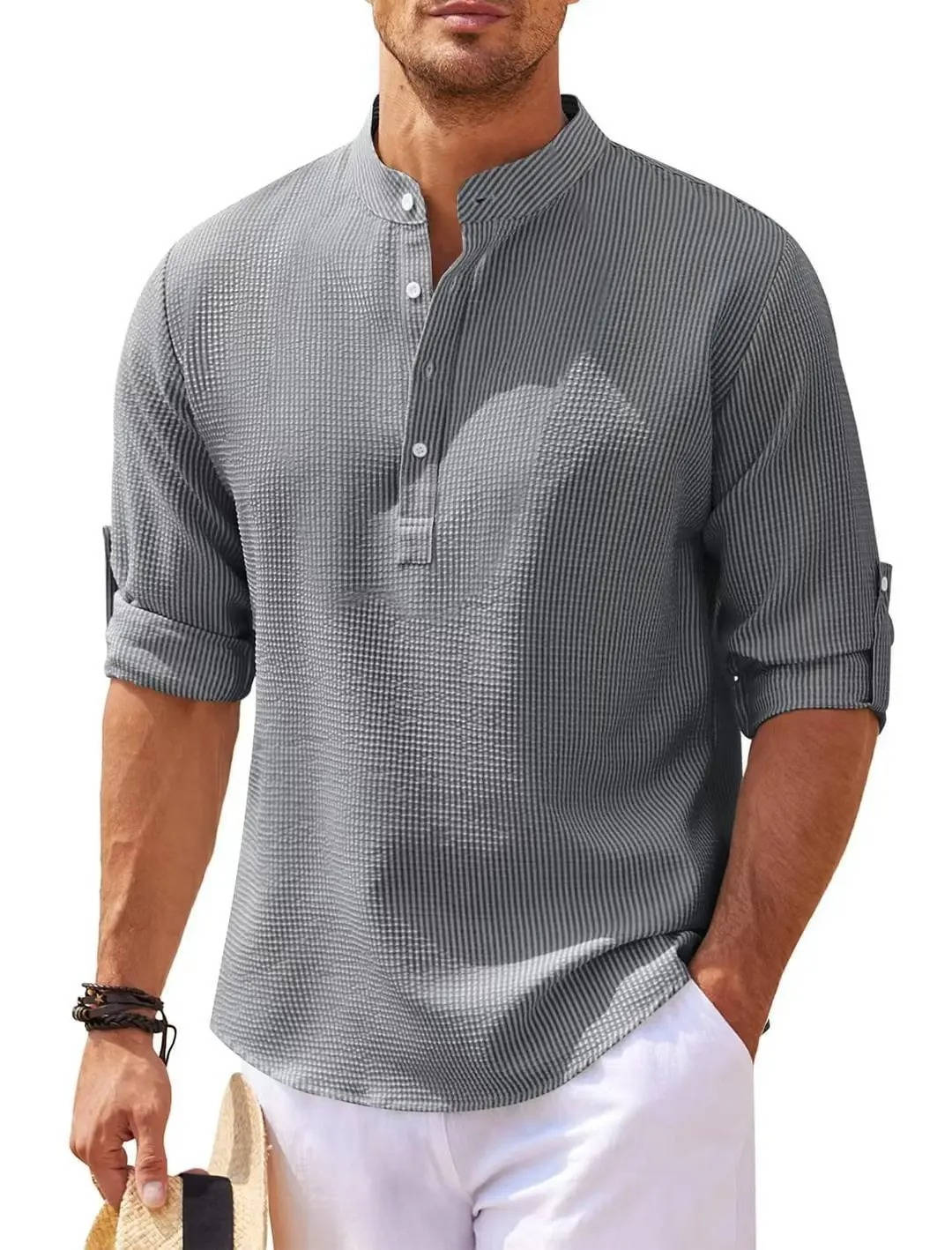 Men’s Waffle Knit Henley Shirt – Long Sleeve Cotton Linen Blend Casual Button Shirt